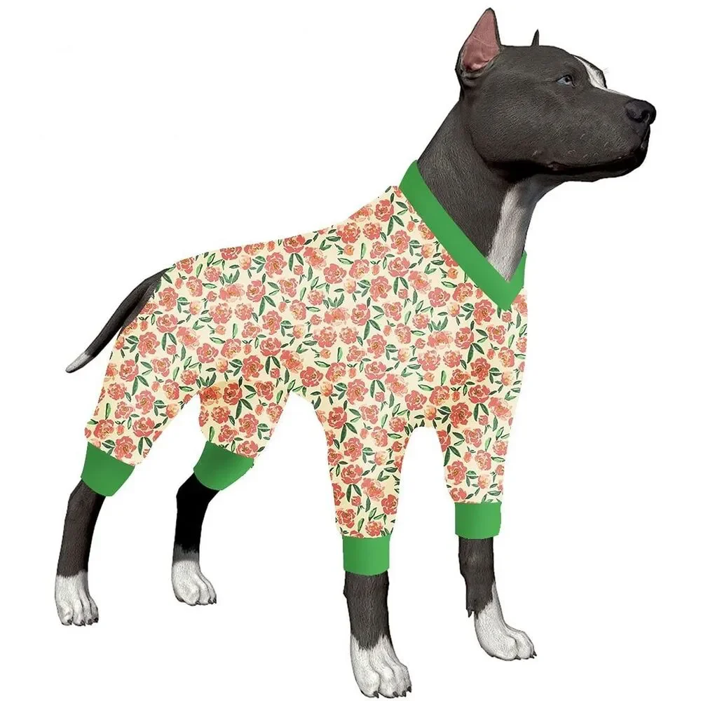 Lovinpet‎ Large Dog Pajamas Floral Print Pink Roses Green Trim Pitbull Pajamas